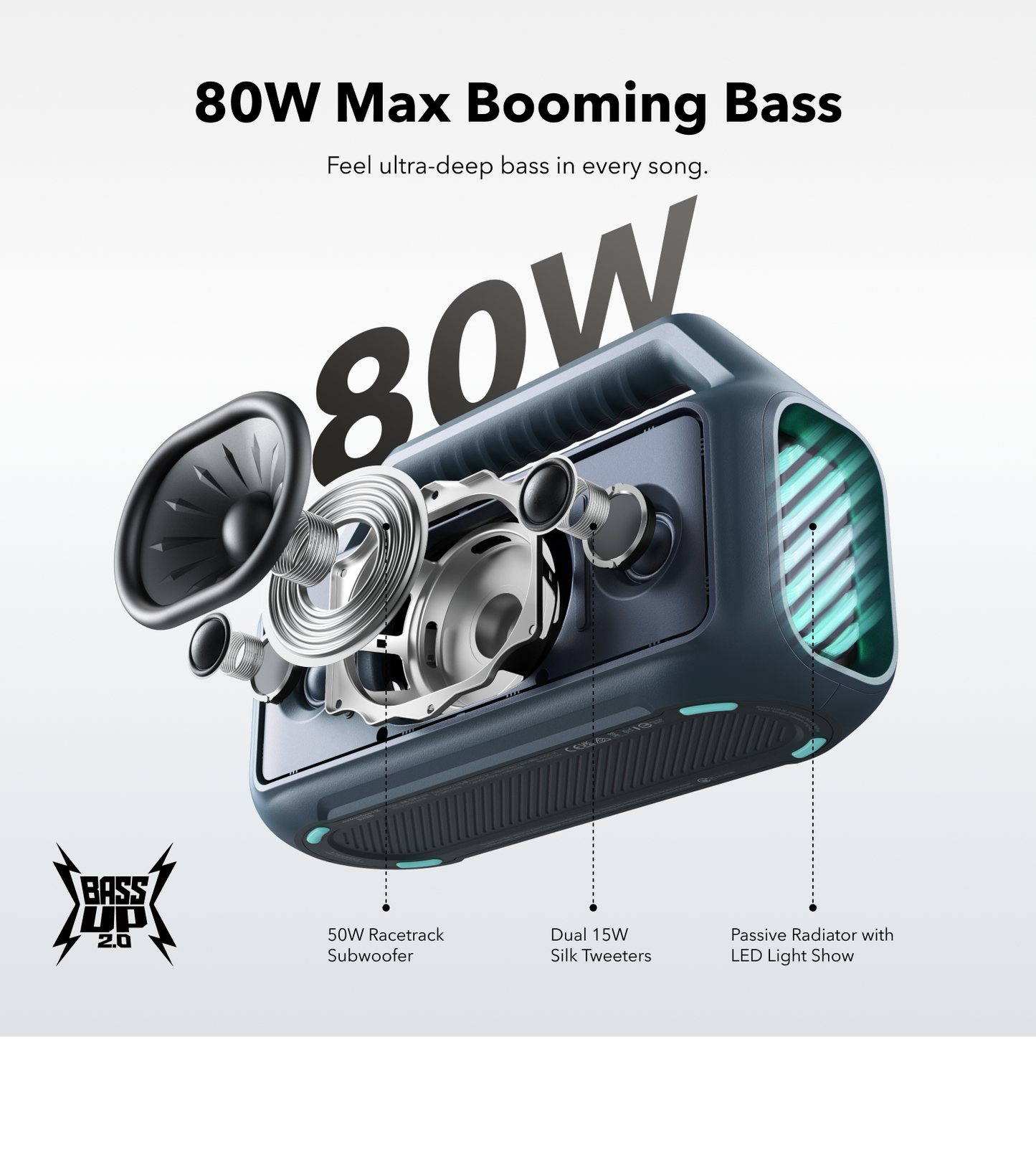 soundcore outdoor speaker with 80W bass and LED light show