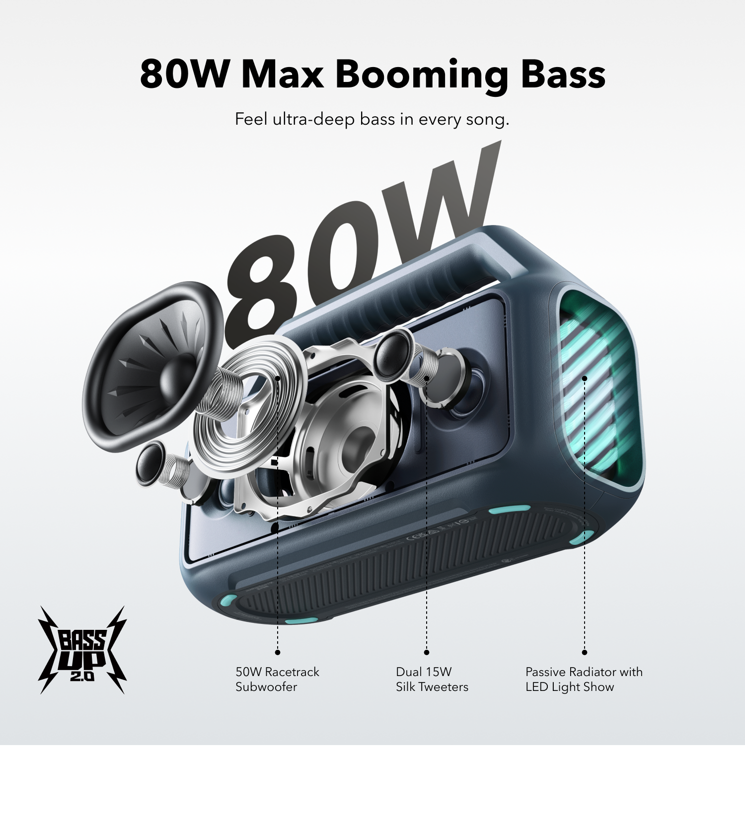 soundcore outdoor speaker with 80W bass and LED light show