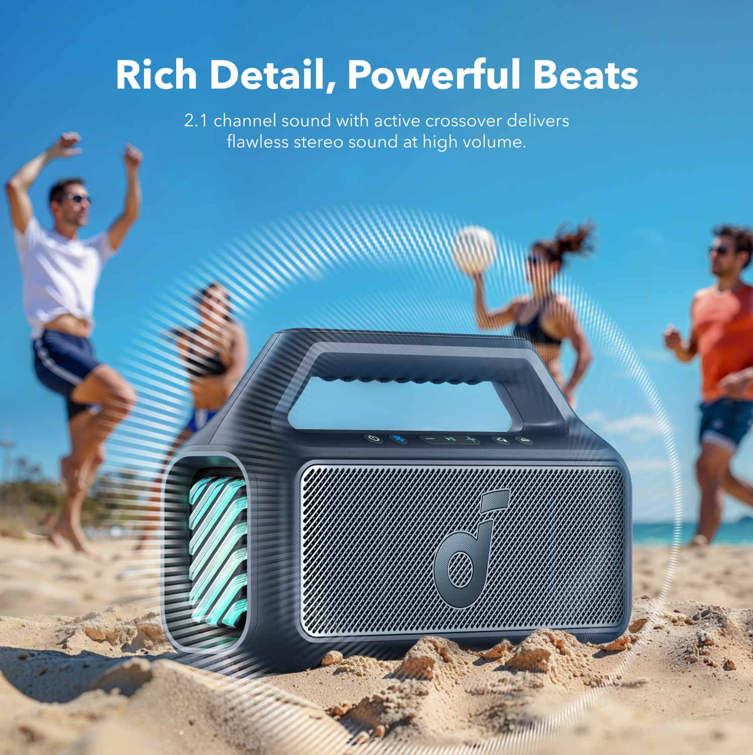 soundcore portable speaker with stereo sound for beach volleyball
