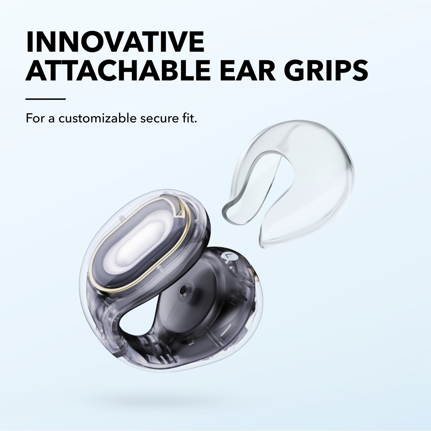 soundcore wireless earbud with attachable ear grips for comfort