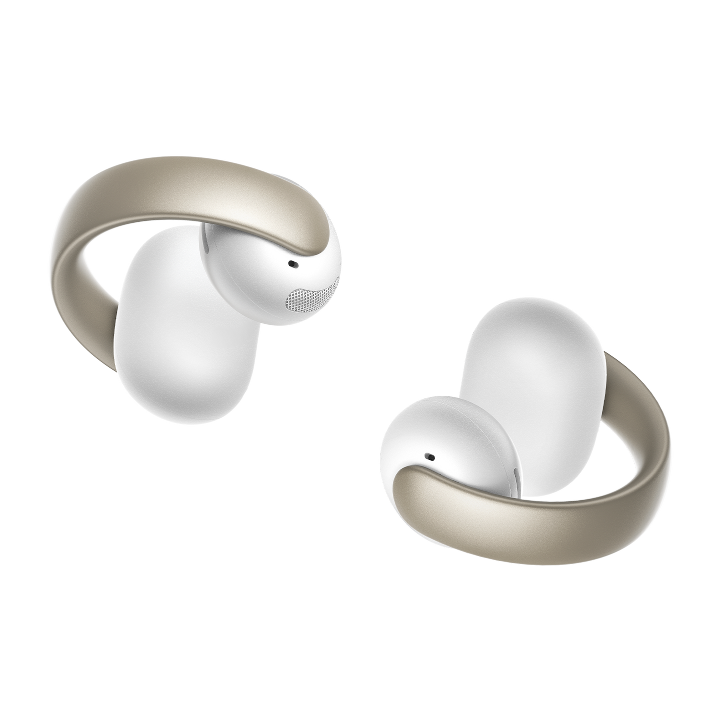 soundcore white open-ear clip-on earbuds with gold accent