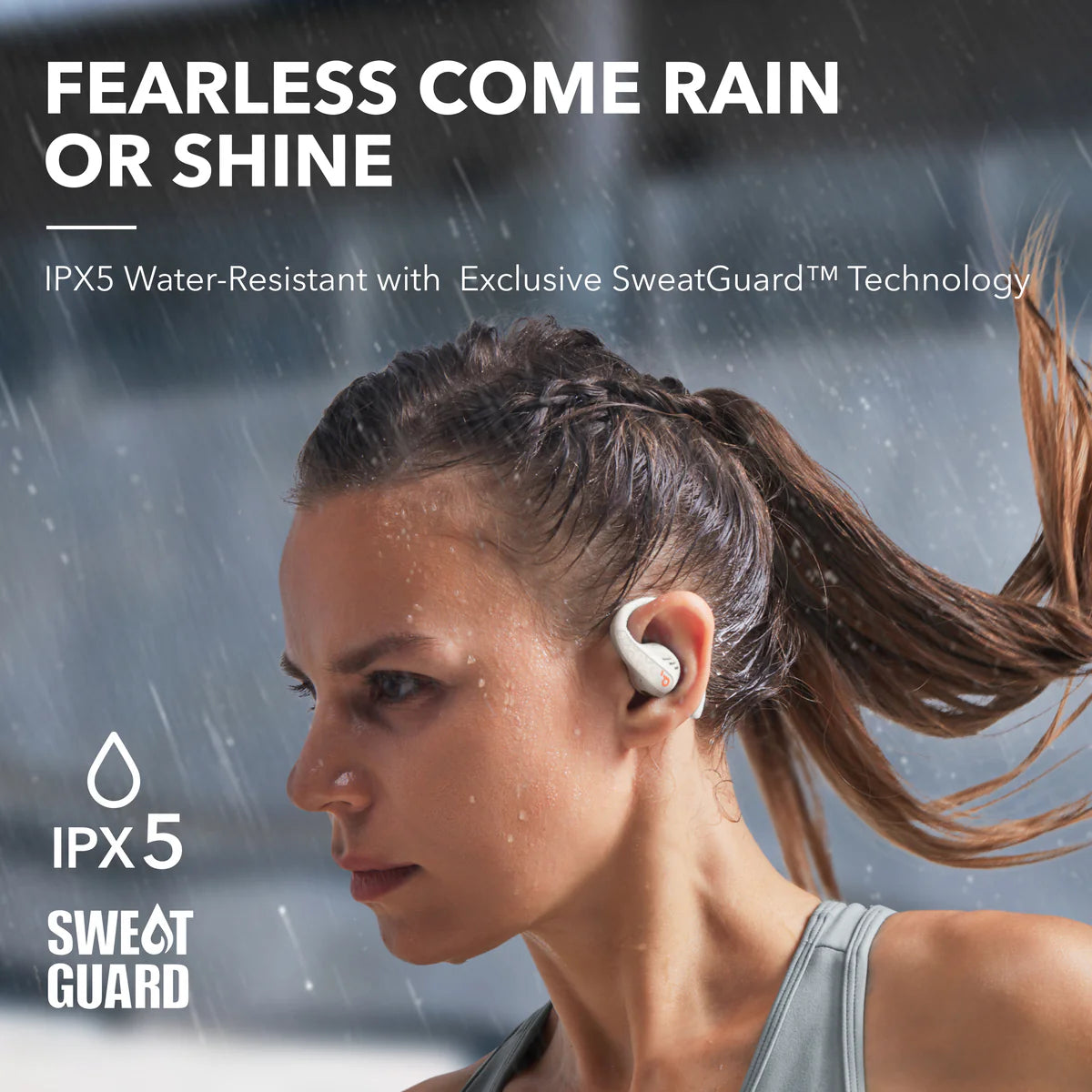 soundcore open-ear earbuds with IPX5 SweatGuard, used while running