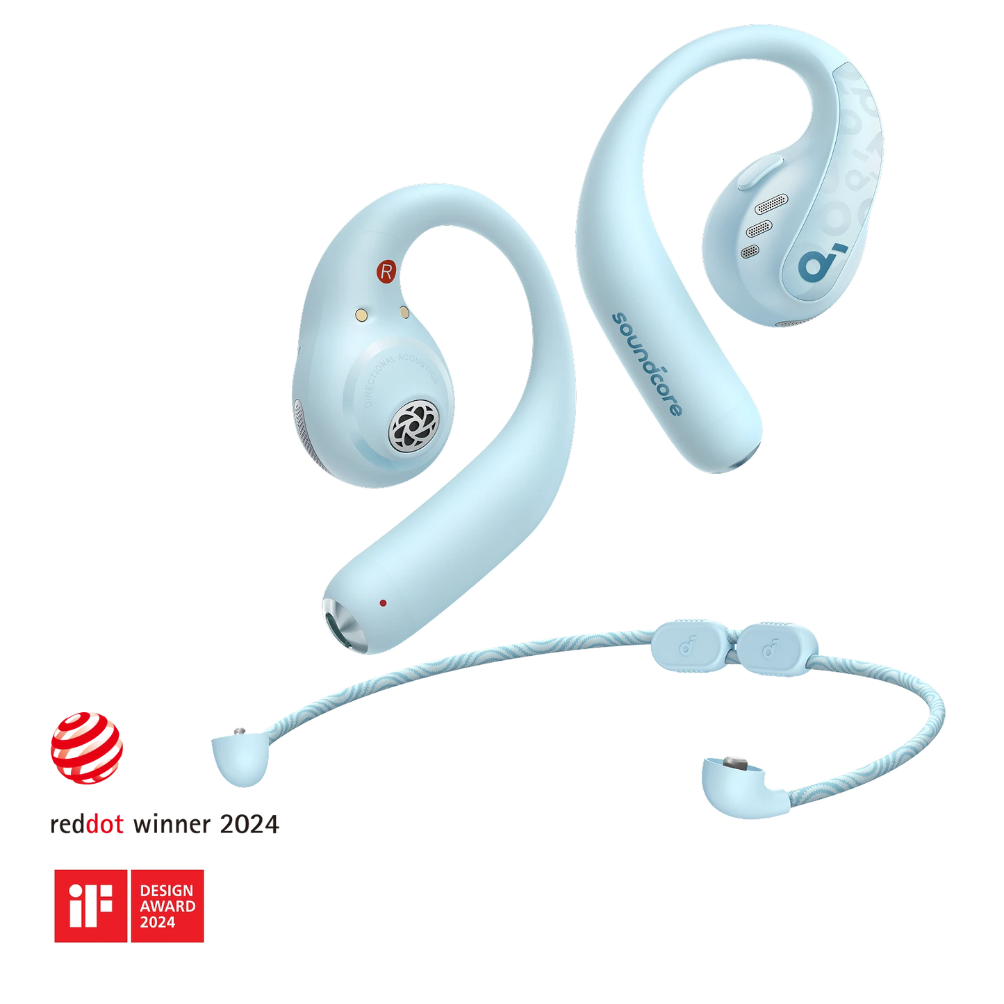 soundcore blue open-ear earbuds with awards and neckband