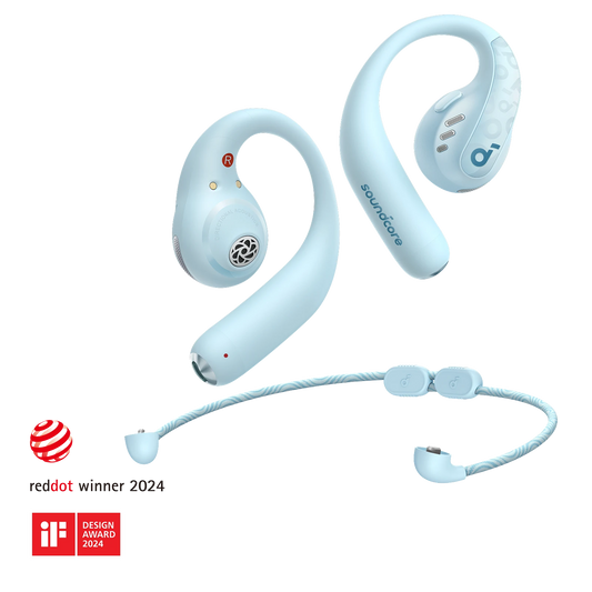 soundcore blue open-ear earbuds with awards and neckband