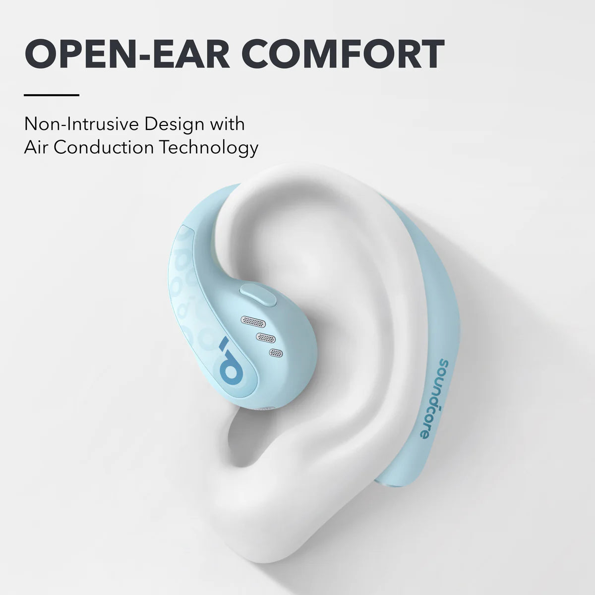 soundcore blue open-ear earbuds for comfort on ear