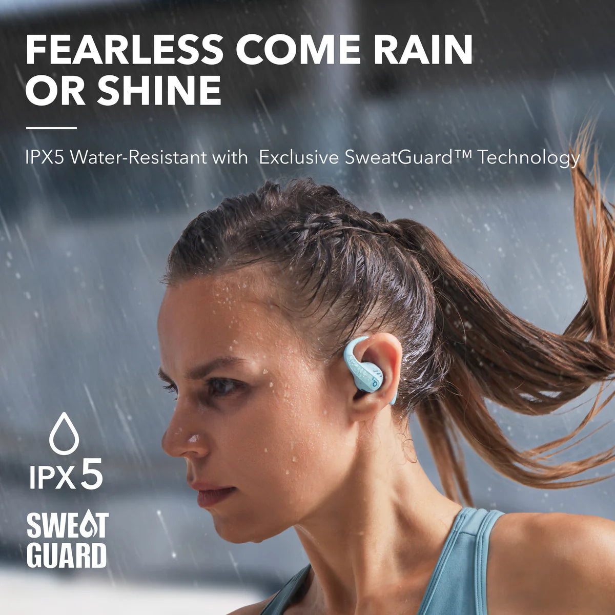Woman running with soundcore open-ear earbuds for IPX5 SweatGuard
