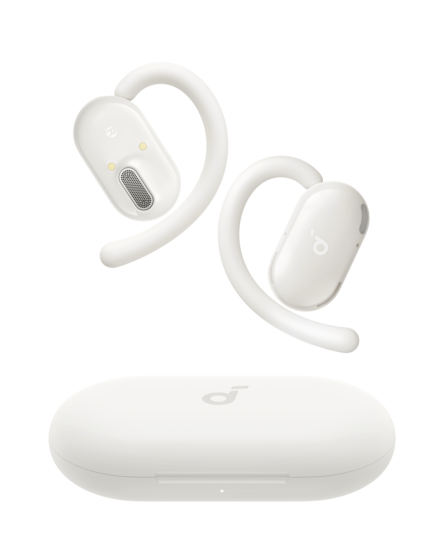 soundcore white earbuds with curved earhooks and case
