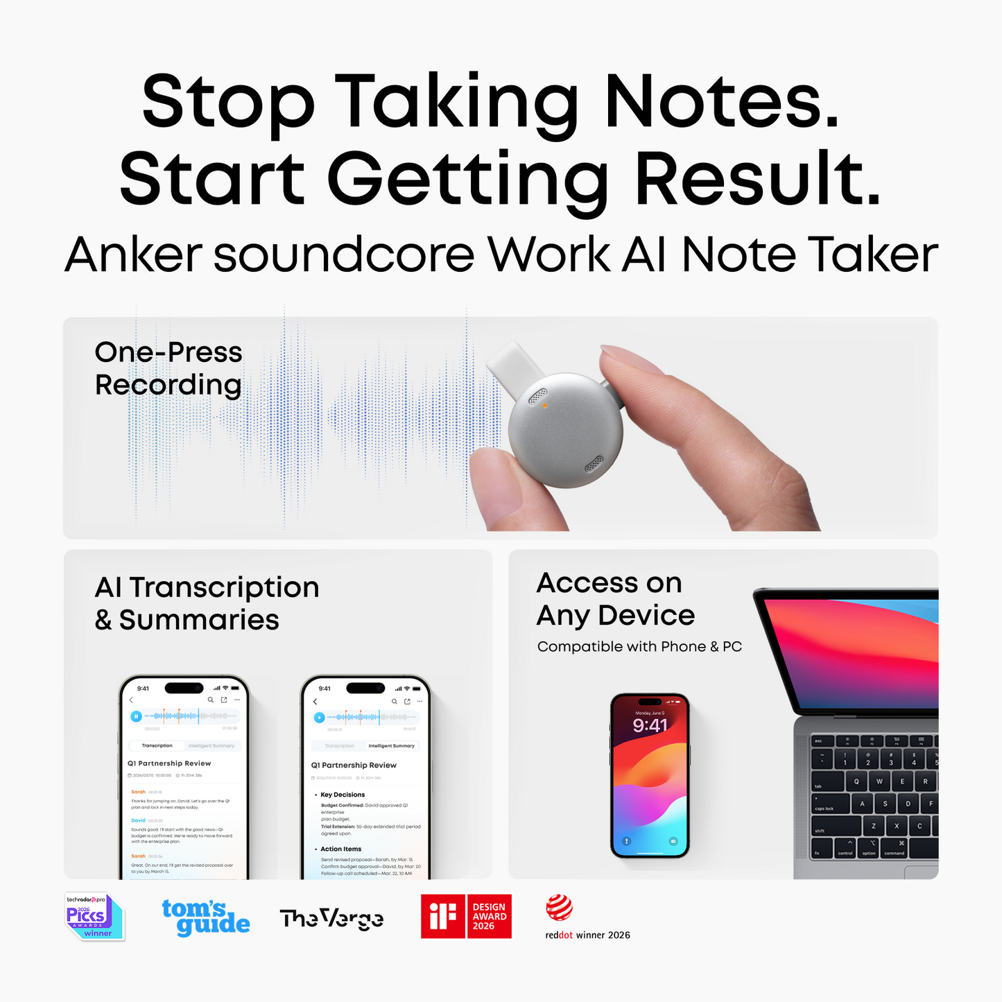 Anker soundcore Work | Coin-Sized Wearable AI Note Taker / Voice Recorder
