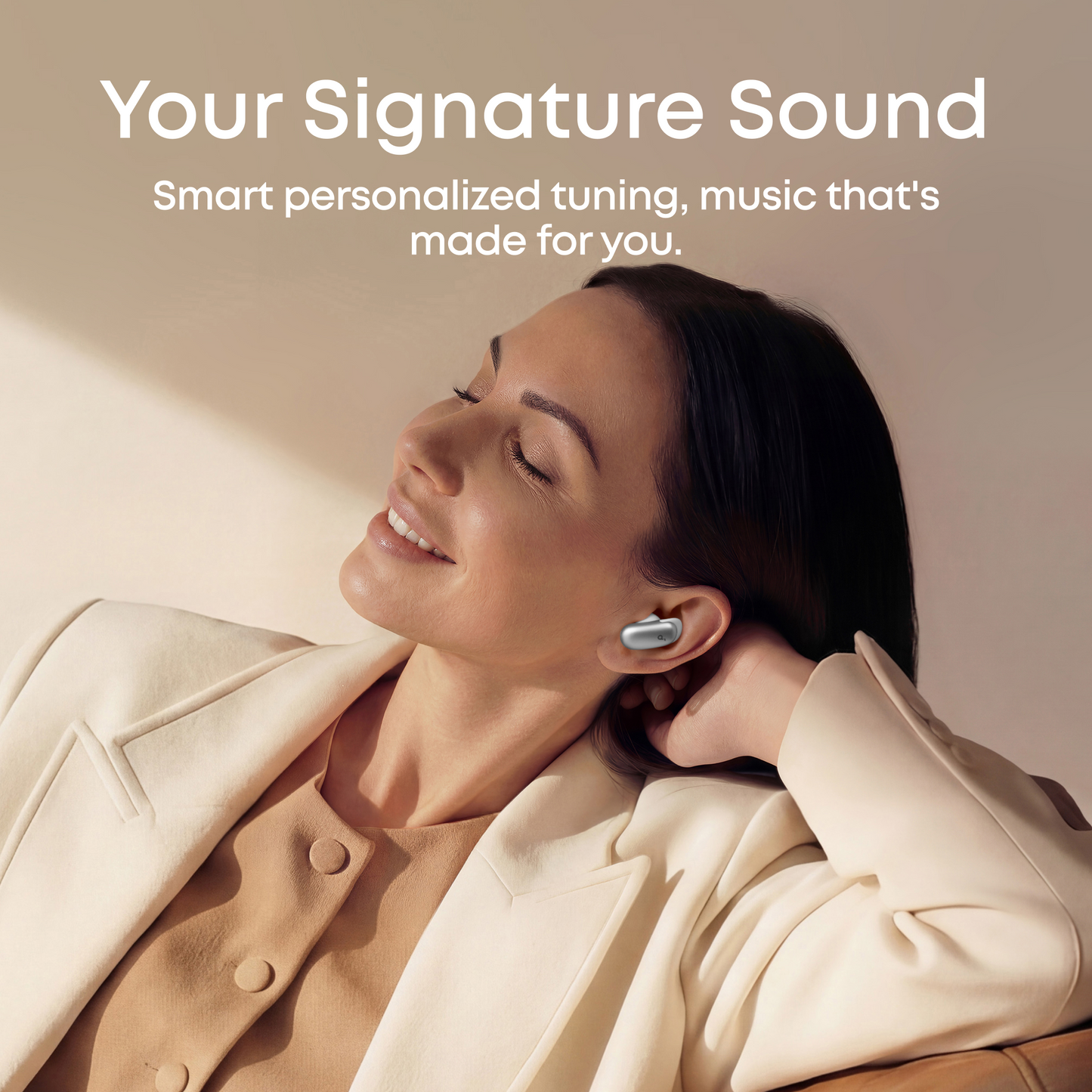 Women wearing soundcore Liberty 5 Pro ANC earbuds enjoying smart personalized sound tuning for a custom music experience