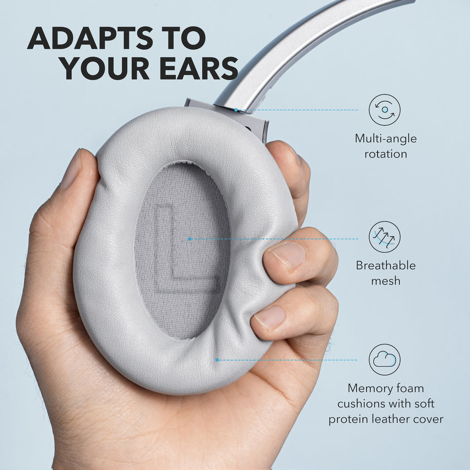 soundcore headphones with memory foam and breathable mesh