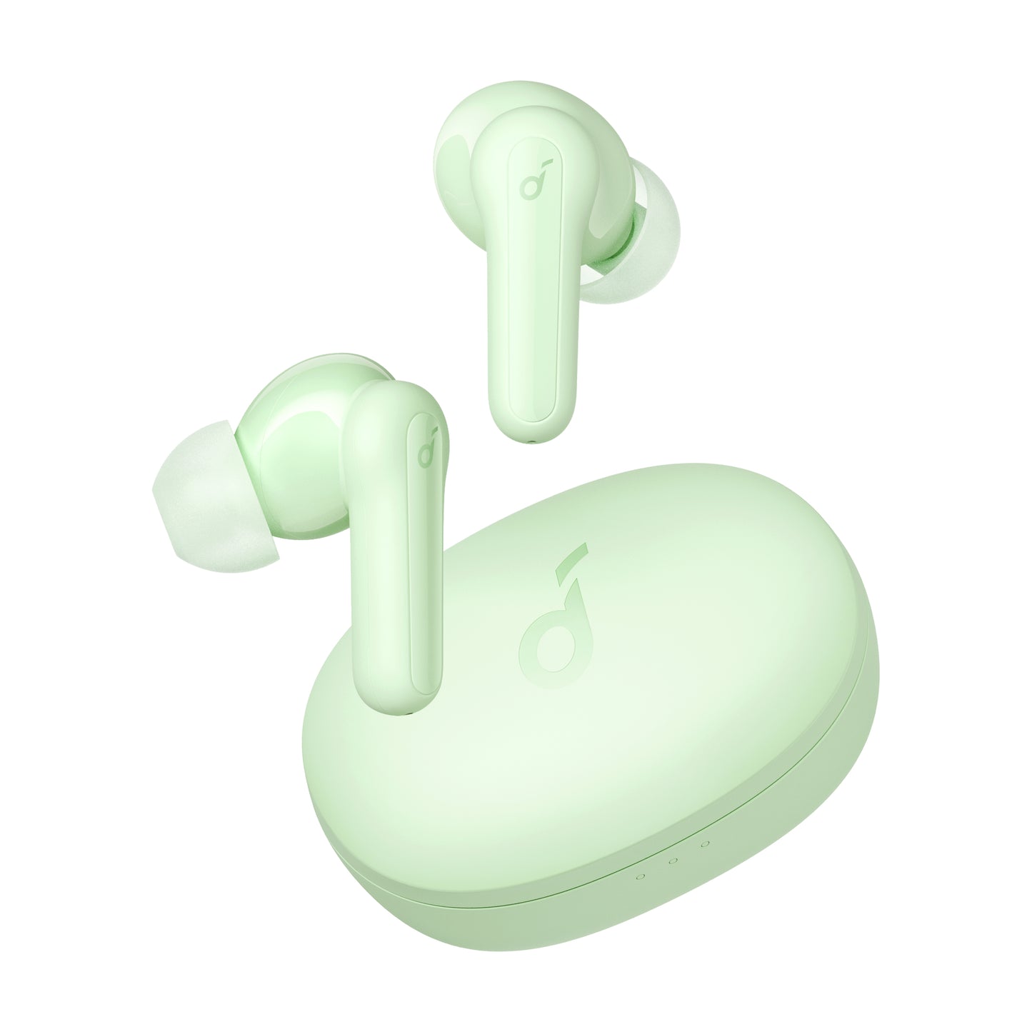 soundcore mint green earbuds with matching charging case