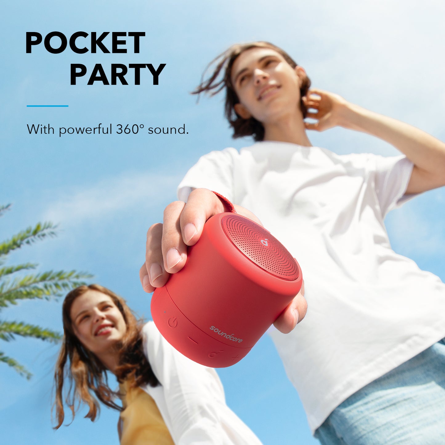 soundcore red speaker with powerful 360° sound outdoors