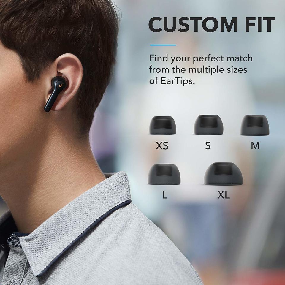 soundcore wireless earbuds with custom-fit ear tips in XS to XL