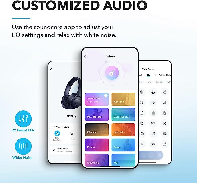 soundcore app with EQ presets for white noise