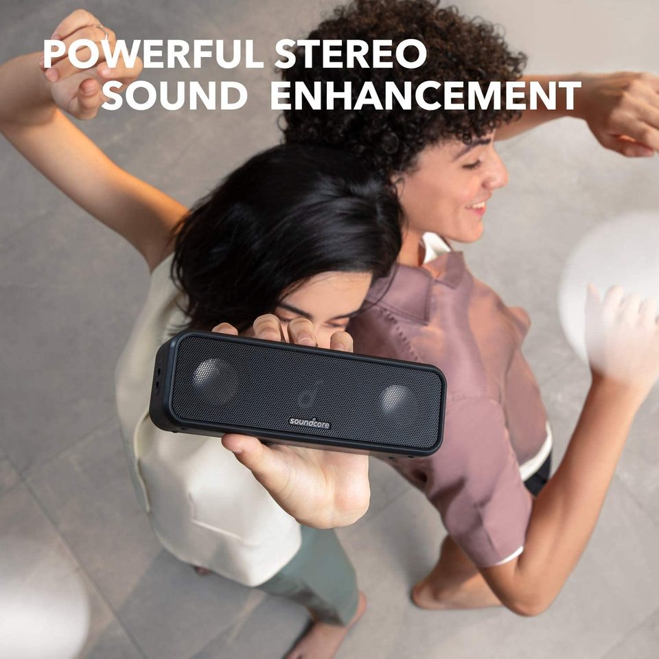 soundcore speaker with people dancing for powerful stereo sound