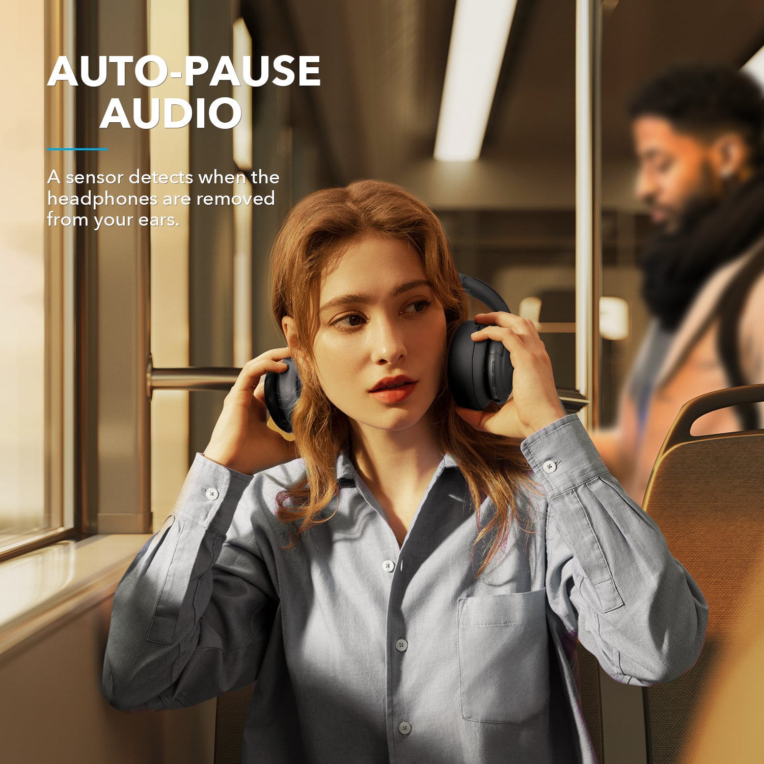 soundcore headphones with auto-pause audio for public transport.