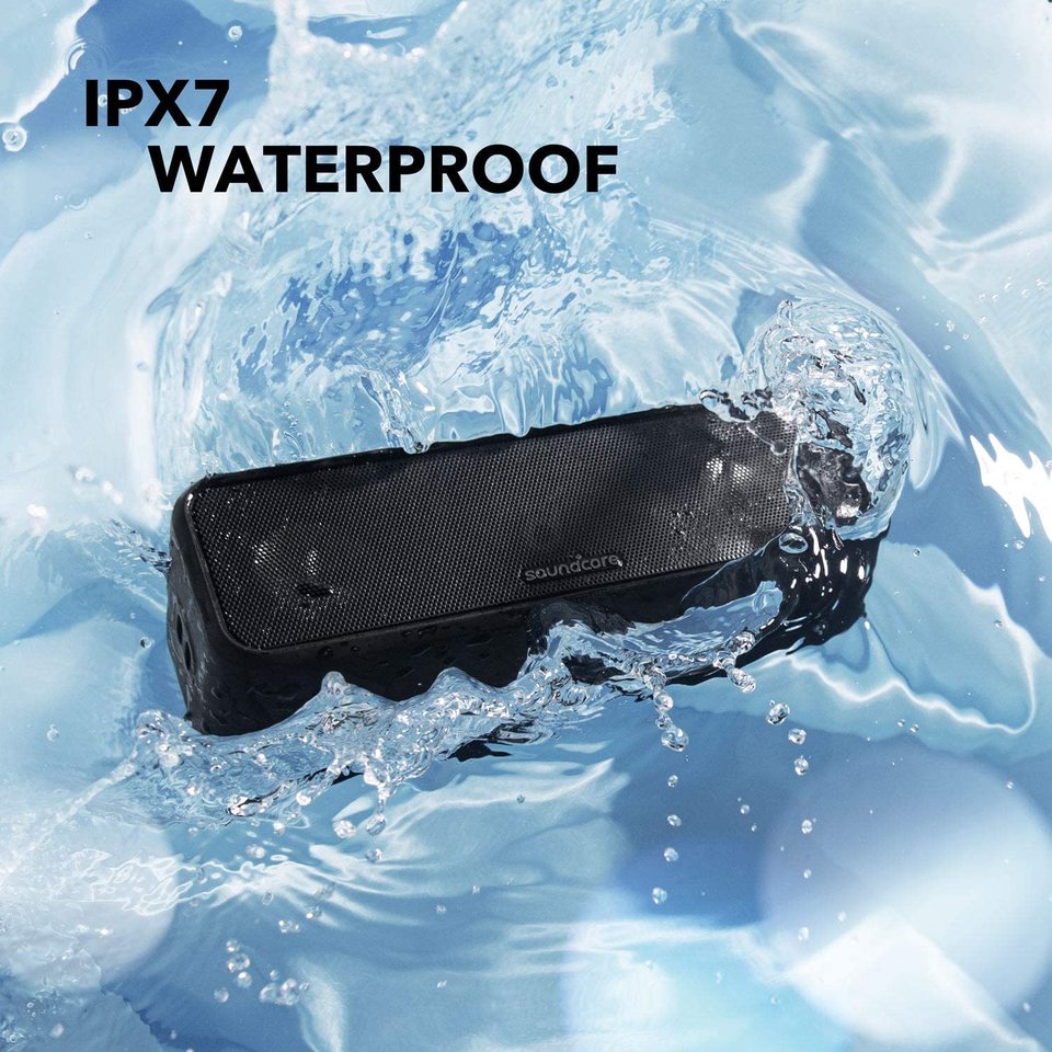 soundcore speaker with IPX7 waterproof floating in water