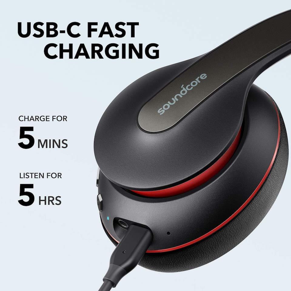 soundcore headphones with USB-C fast charging for 5 hours use