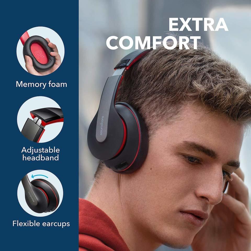 soundcore headphones with memory foam and adjustable headband in