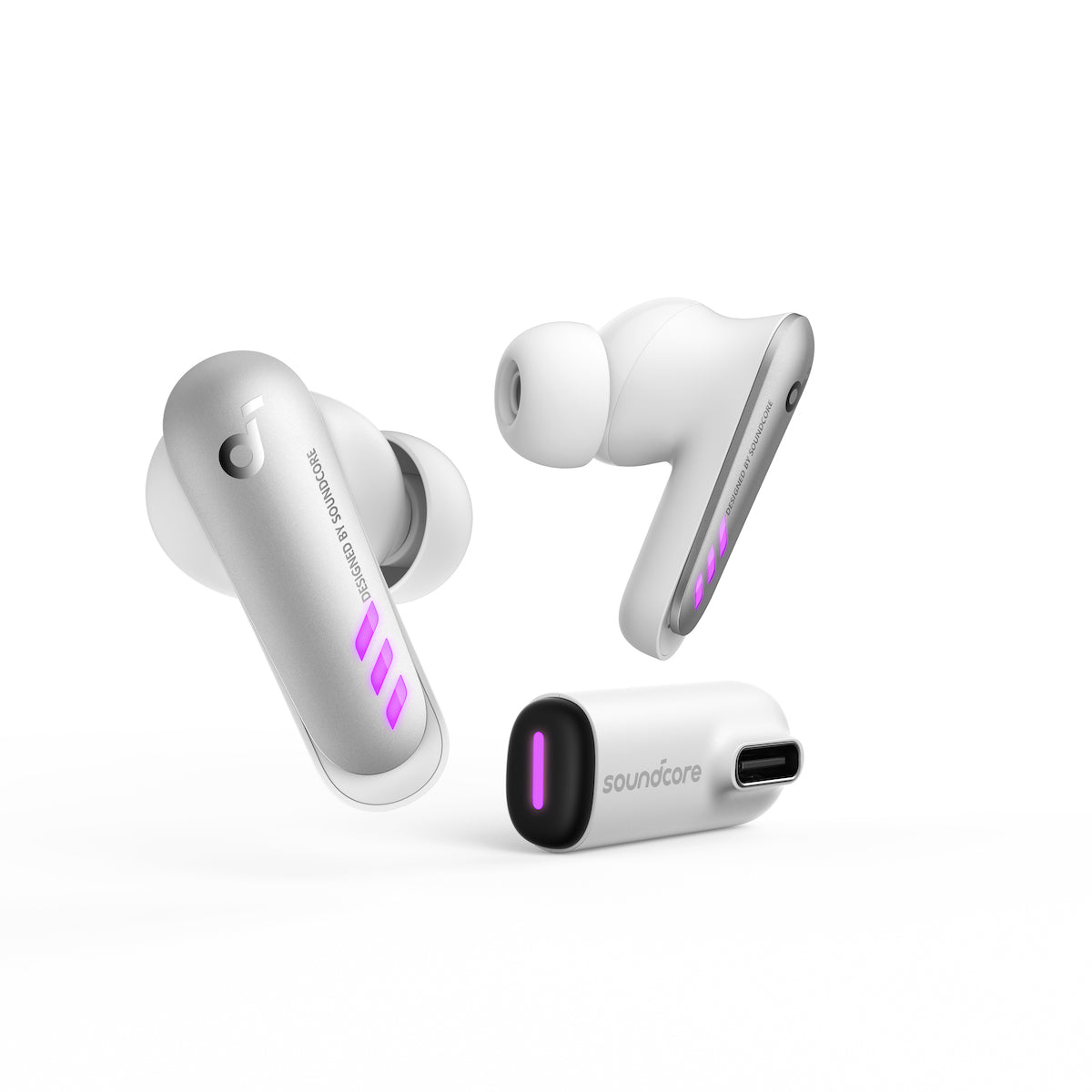 soundcore earbuds with purple LED and charging case