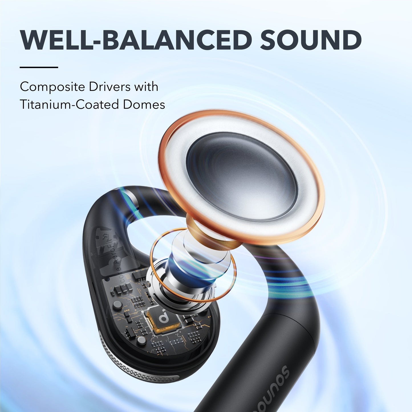 soundcore earbud showing titanium-coated driver for balanced sound