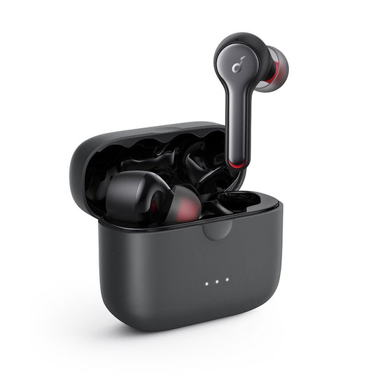 soundcore black earbuds with charging case and red accents