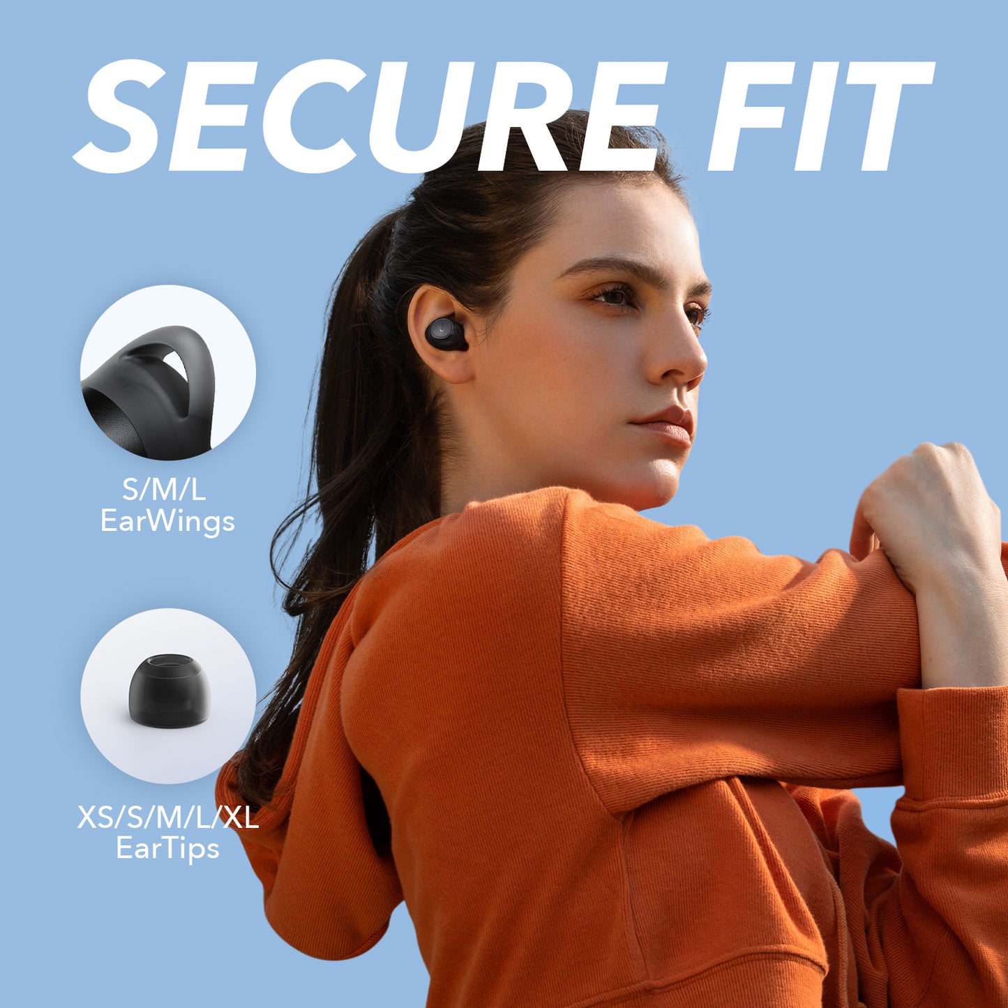 soundcore earbuds with secure fit and multiple ear tips options