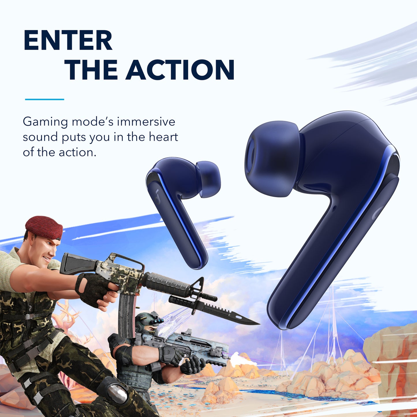 soundcore earbuds with immersive sound for gaming action