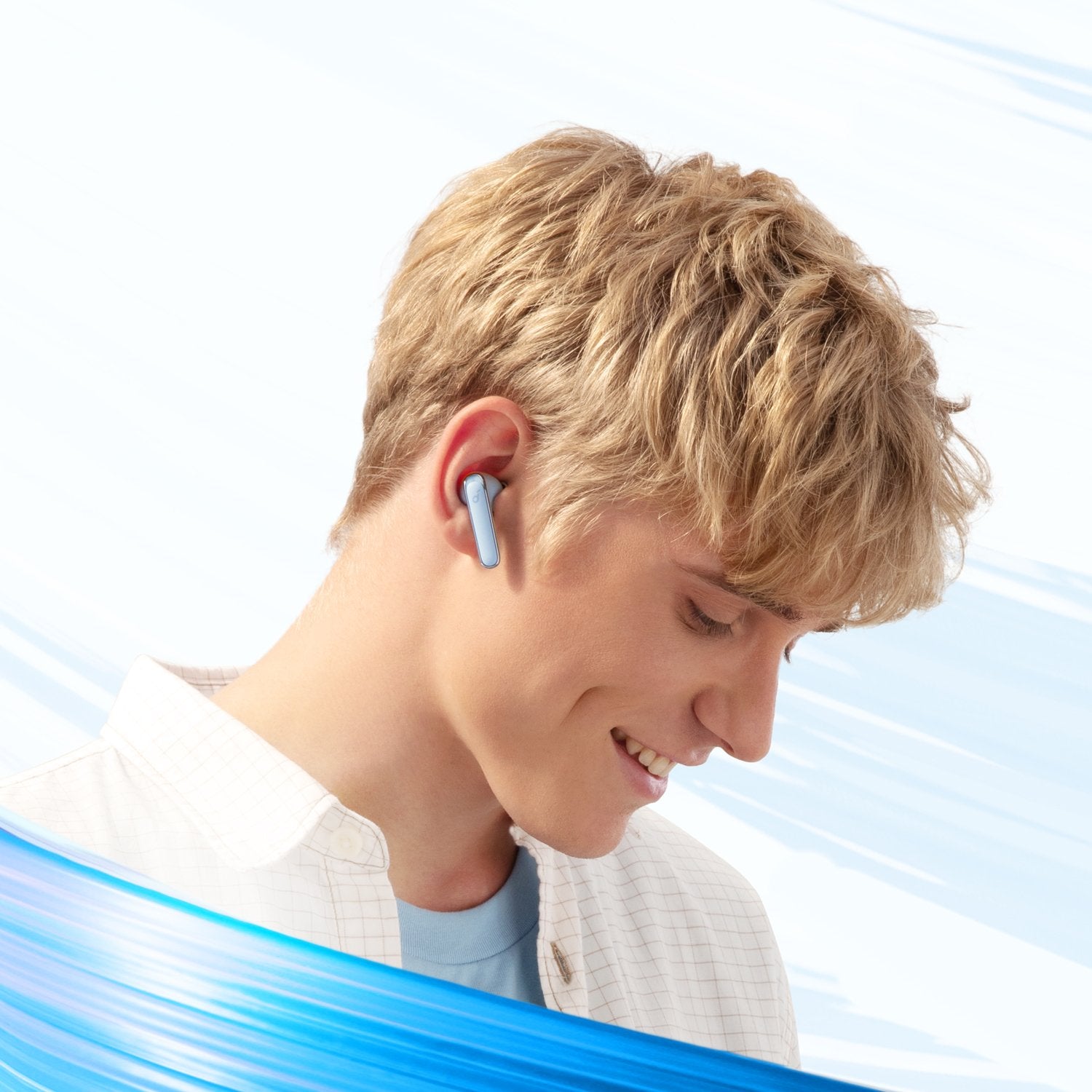 soundcore earbuds with light blue color for music