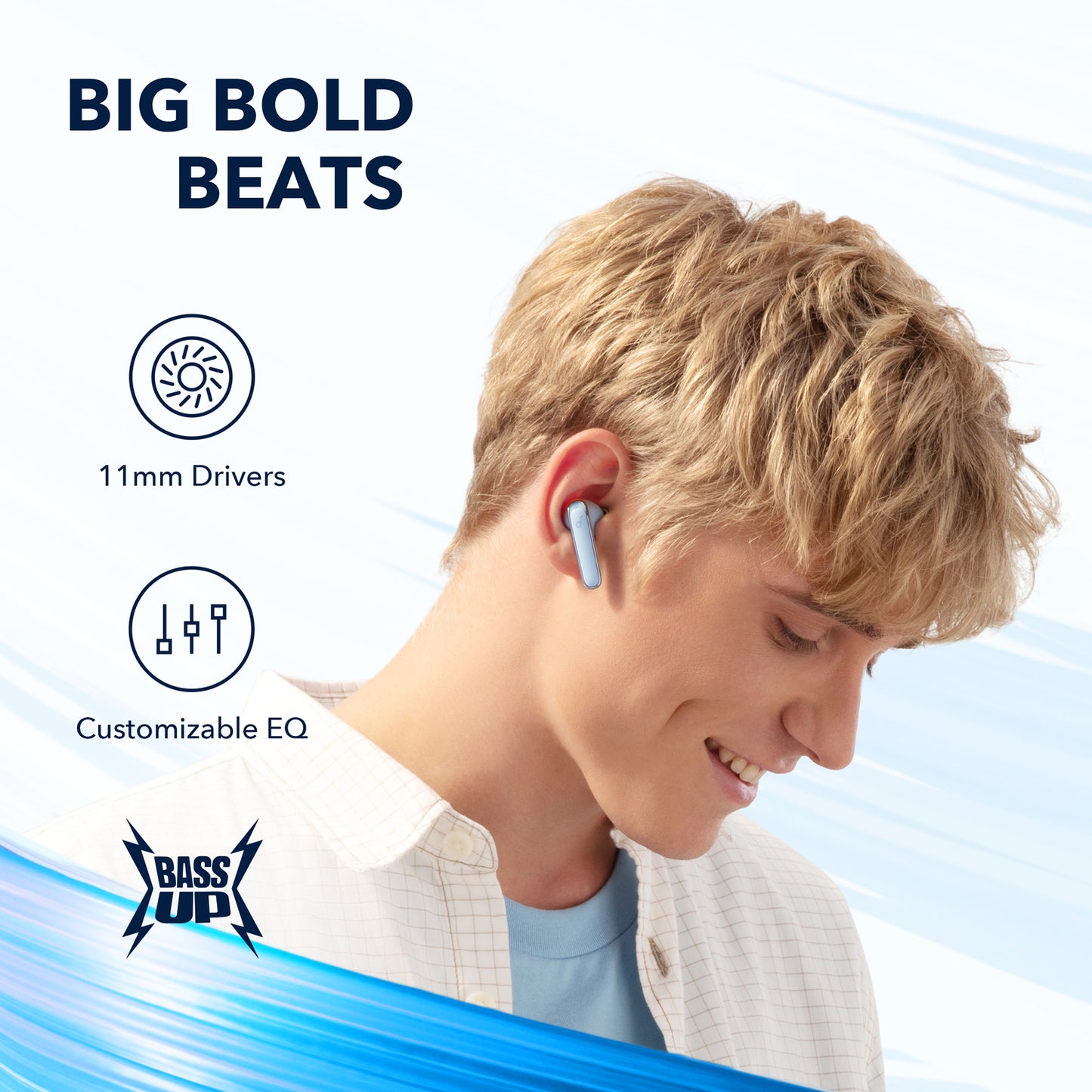 soundcore earbuds with big bold beats and customizable EQ