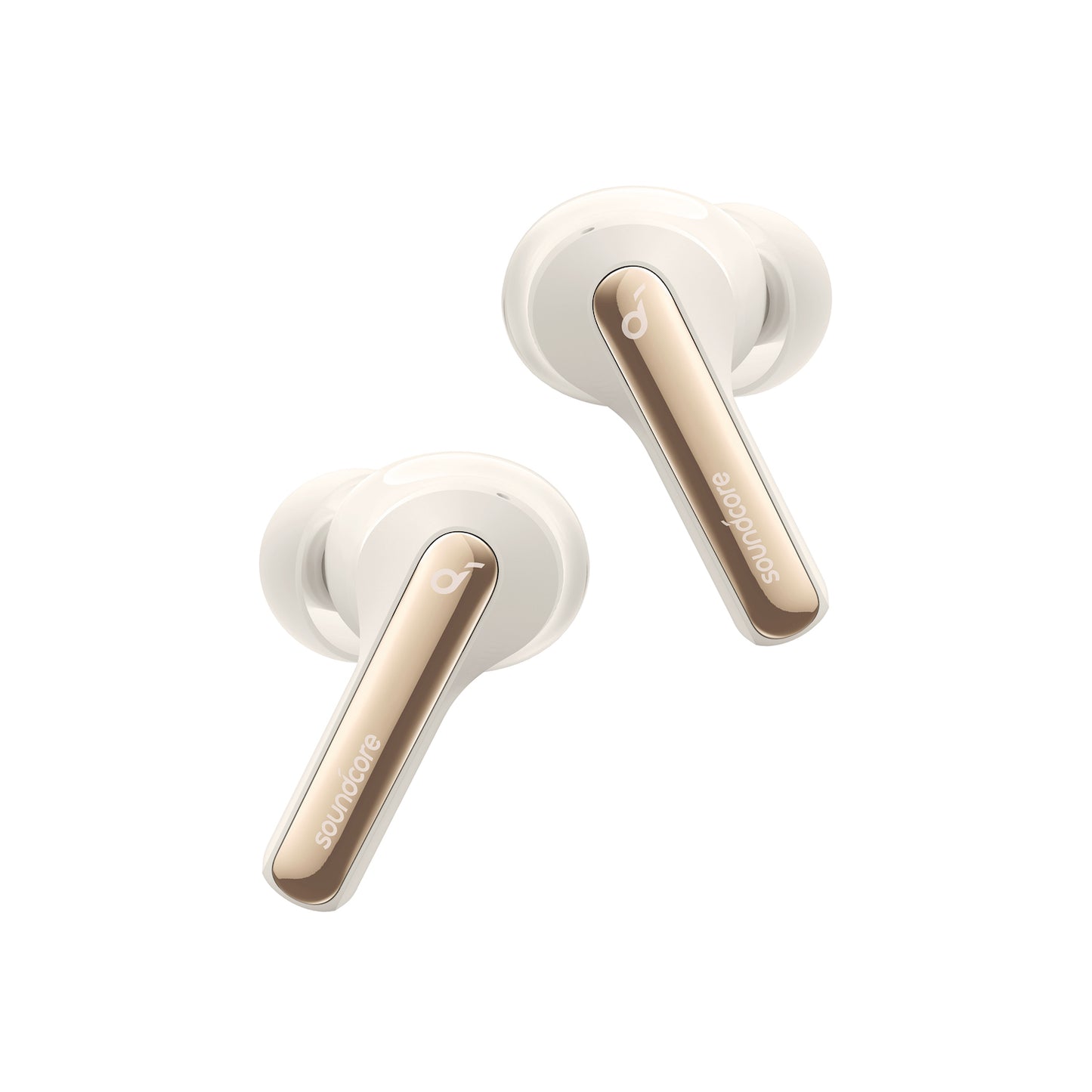 soundcore white earbuds with gold accent for comfortable fit