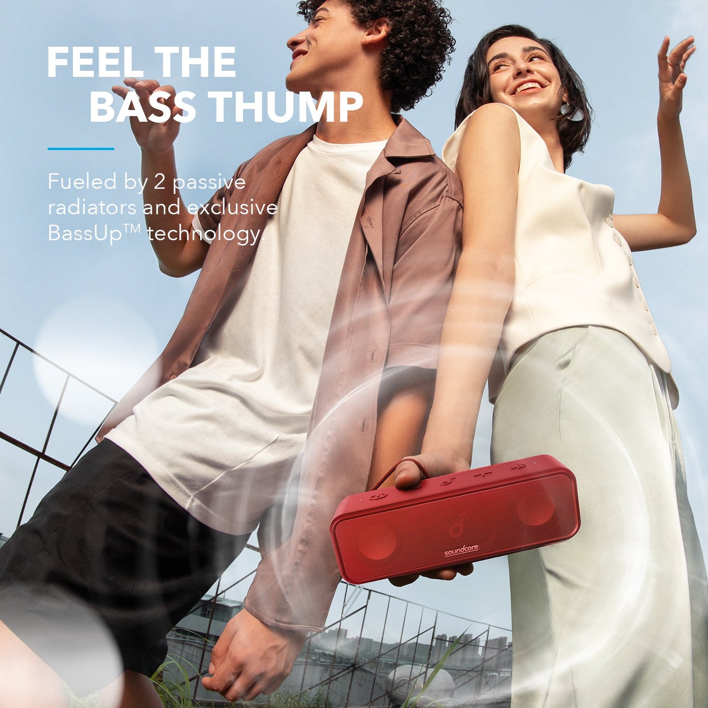 soundcore red speaker for deep bass outdoor experience.