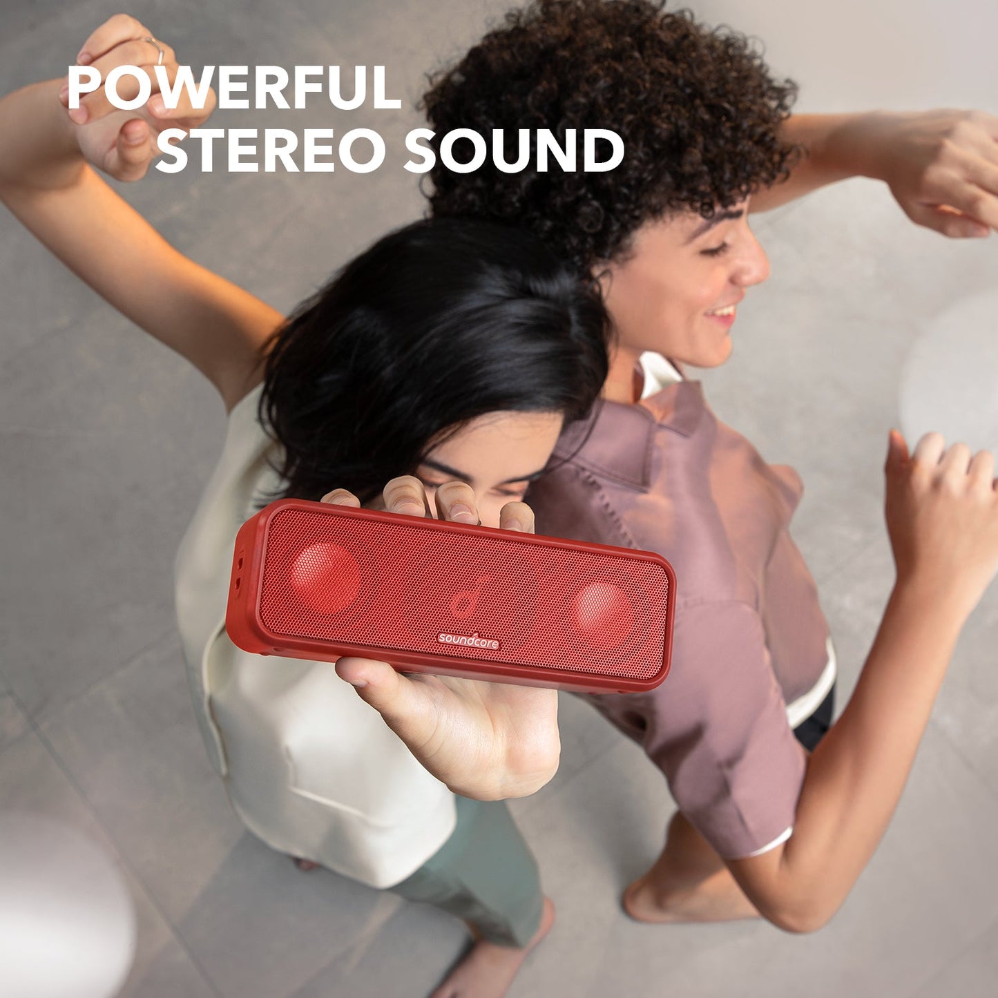 soundcore red speaker with powerful stereo sound.
